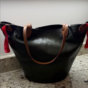 Olive Leather and Red Trim Tote with Round Bottom like Magic Bag by PT